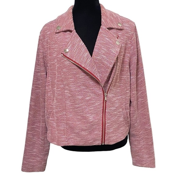 Eloquii Red White Tweed Knit Moto Jacket Size 14/16 Cropped Asymmetrical Zip - Picture 3 of 10